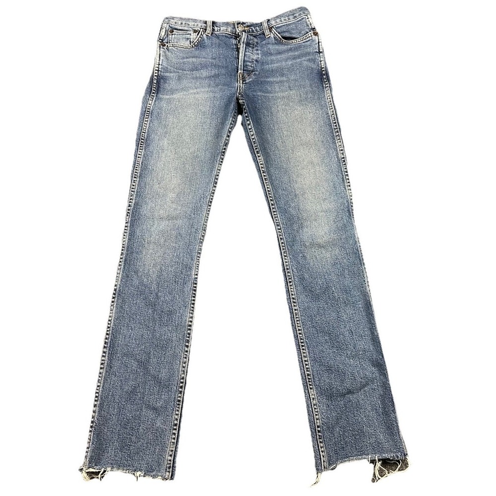 Re/Done Button Fly Raw Frayed Hem Straight Leg Jeans Sz 27 Mid 80's Blue 28X30